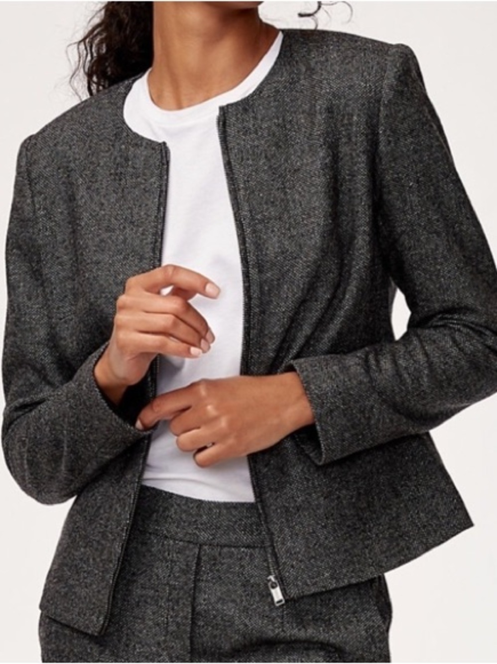 Babaton Grey Collarless Tweed Zip Jacket